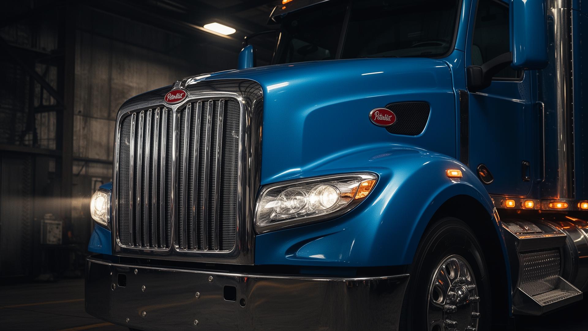 Front grille of a blue Class A Peterbilt semi-truck