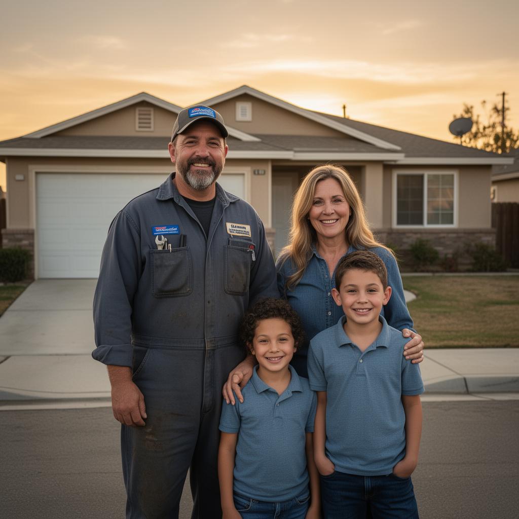 Bakersfield trucking family standing in front of their home at sunset